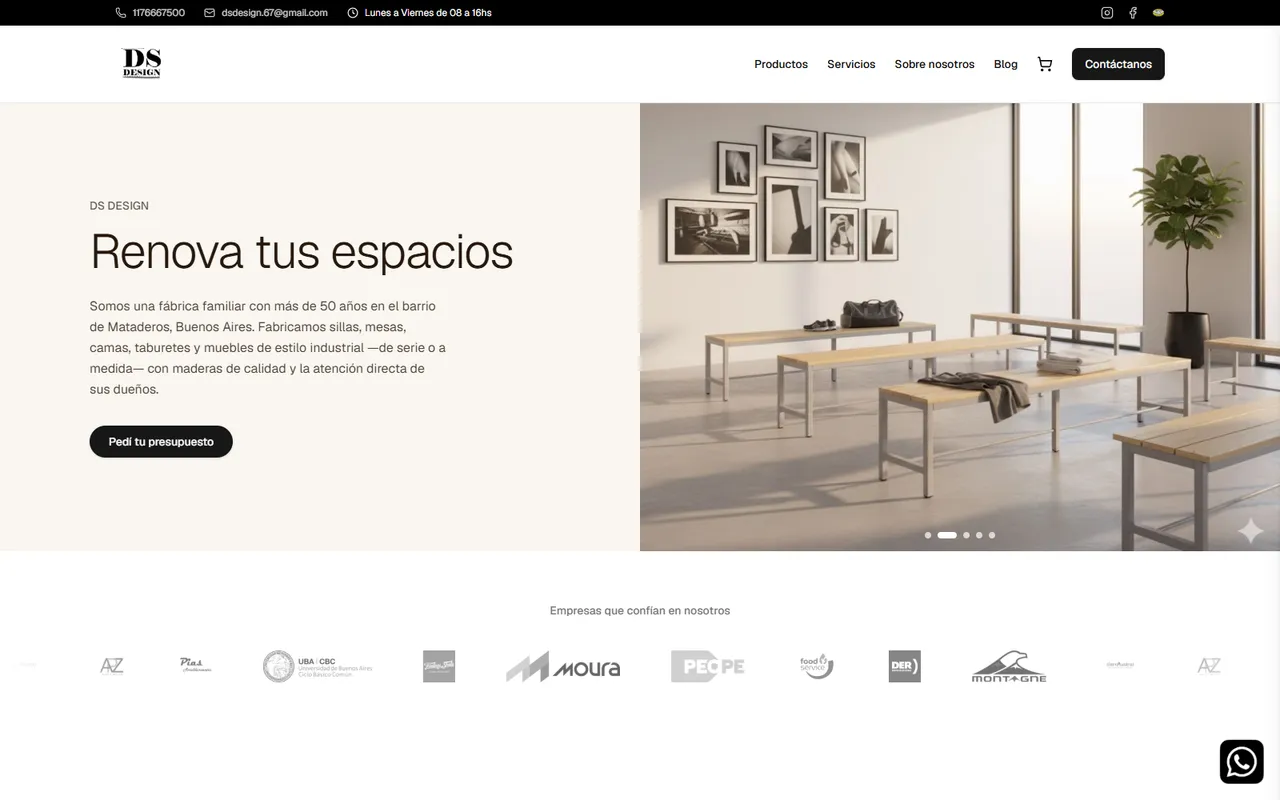 Portada del sitio de DS Design, fábrica de muebles industriales